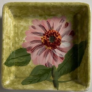 Flower Trinket Dish 4” Square Hand Painted Pink Flower ND Freen Leaves jewelry